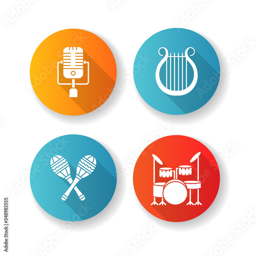 Band musical instruments flat design long shadow glyph icons set. Vintage microphone. Greek lyra. Crossed maracas. Drum kit to play beats. Percussion for music. Silhouette RGB color illustration
