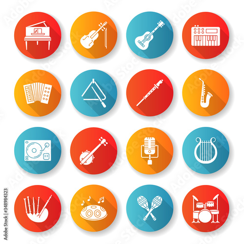 Orchestral instrument flat design long shadow glyph icons set. Live classical music concert. Band performance with string instruments and percussion. Silhouette RGB color illustration