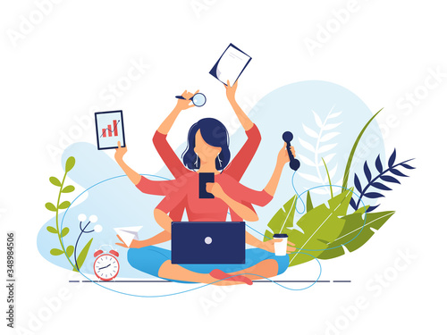 Vector business illustration concept of businesswoman practicing meditation. Girl with many arms sits in the Yoga lotus position and doing many tasks at the same time. Multitasking. Time management. photo