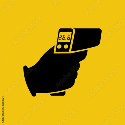 Digital non-contact infrared thermometer in hand doctor. Black icon thermometer measuring body temperature. Vector flat design. Isolated white background. Prevention of coronavirus disease 2019-nCoV.