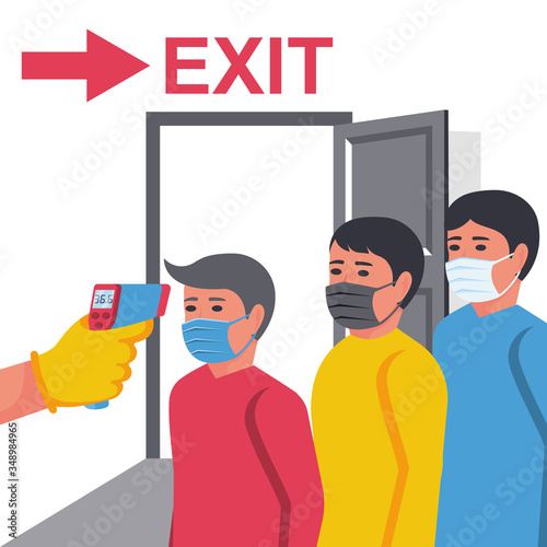 Temperature check at exit. Border precautions. Doctor in hazmat hold non-contact thermometer. Coronavirus prevention. Control epidemic 2019-ncov. Vector flat design. Person in control. Mask on face.