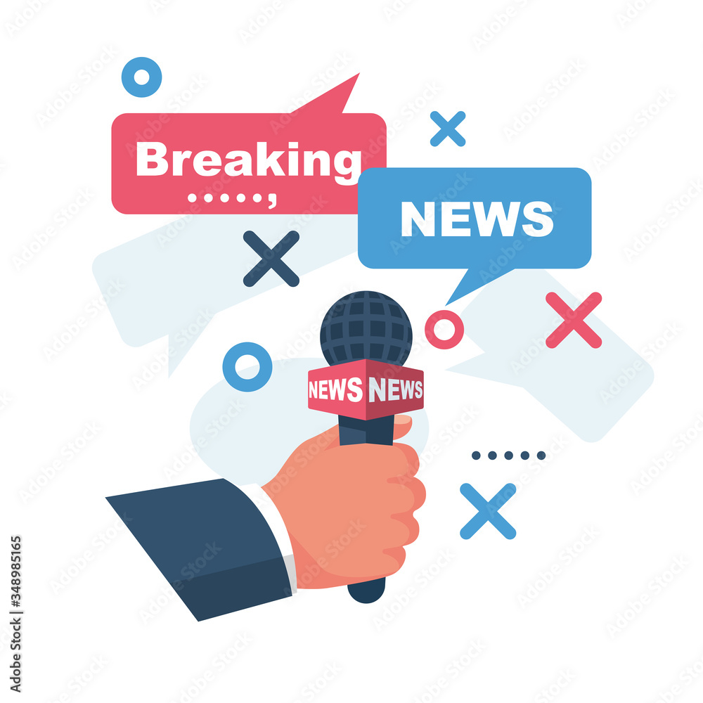 Breaking news template. Journalist in hand holding microphone. Template live news. Concept interview. Vector illustration flat design. Isolated on background. Search for information and hot news.