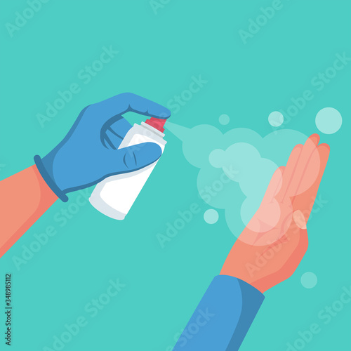 Human uses antibacterial spray. Personal hygiene concept. Preventive coronavirus Covid-19. Protection against bacteria and germs. Hand wash the disinfectant. Spay bottle in hand. Vector flat design.