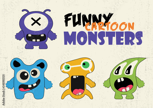 Funny cartoon colorful monsters. Monsters with emotions. Facial expression. Sad, happy, angry faces. Funny cartoon characters. Vector illustration