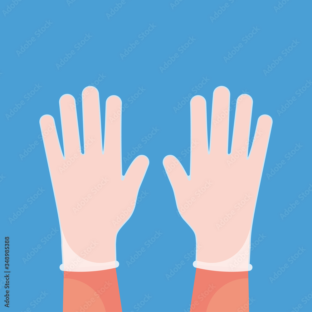 Obraz premium Hands putting on protective white transparent gloves. Latex gloves as symbol of protection against viruses and bacteria. Precaution icon. Vector illustration flat design. Isolated on blue background.