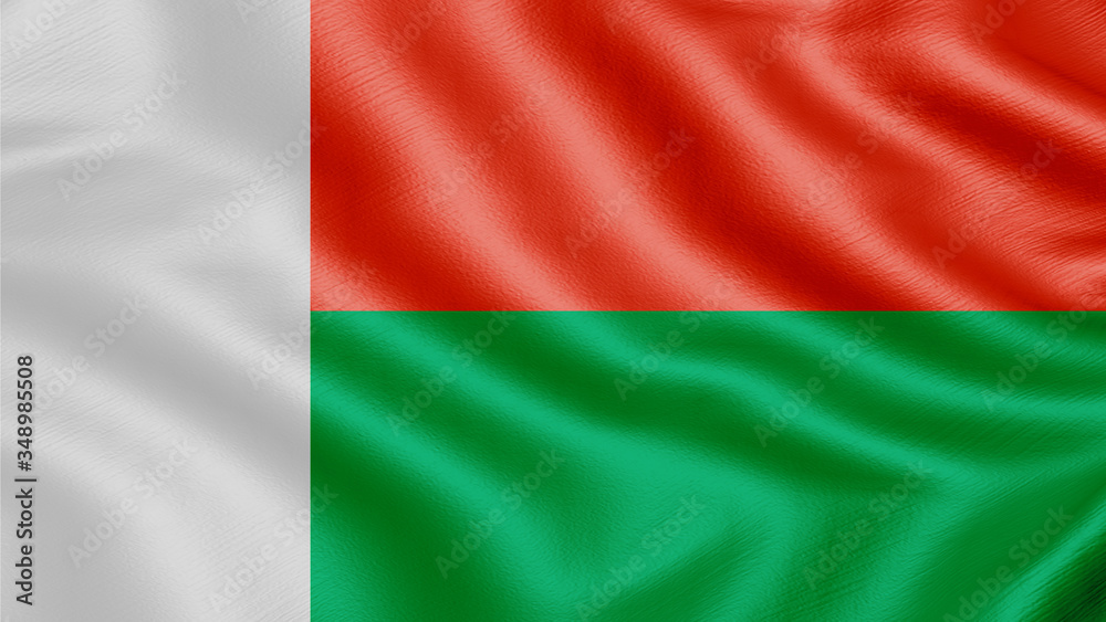 Flag of Madagascar. Realistic waving flag 3D render illustration with highly detailed fabric texture.