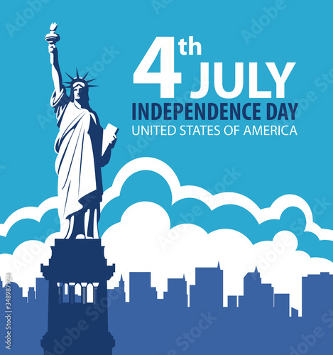 Vector banner on the theme of the 4th of July, USA Independence Day. Decorative illustration or greeting card with the statue of liberty against the backdrop of American skyscrapers
