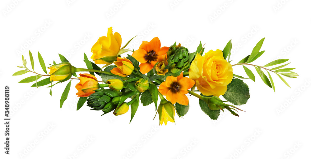 Fototapeta premium Orange ornithogalum flowers and yellow roses in a floral arrangement
