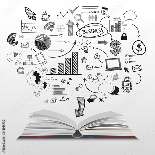 Business education concept book for successful careers and knowledge, opened book with coming out symbols. Vector illustration flat design