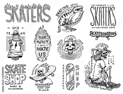 Skateboard shop badges and logo set. Vintage retro Templates for t-shirts and typography. Street dinosaur and skeletons ride on the boards concept. Fiery head and skull. Hand Drawn engraved sketch.