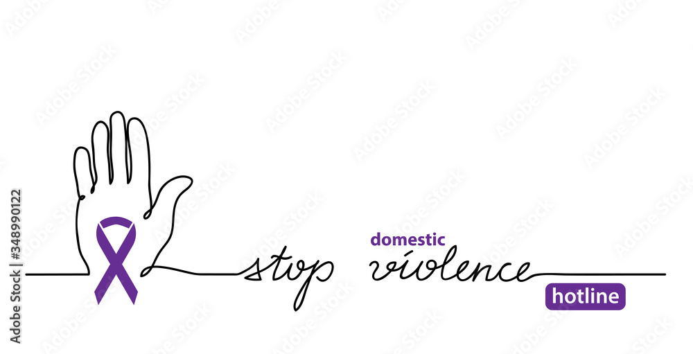 Stop domestic violence hotline. Hand and violet ribbon simple vector web banner, background,illustration. One continuous line drawing banner against domestic violence.