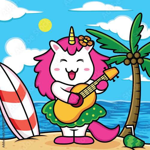 Funny unicorns playing guitar on the beach