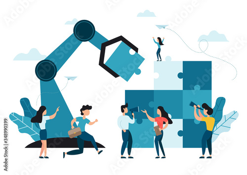 Business concept of coworking. Coworkers assembling jigsaw puzzle. Team building metaphor. People connecting puzzle elements. Symbol of teamwork, cooperation, partnership and collaboration. Vector