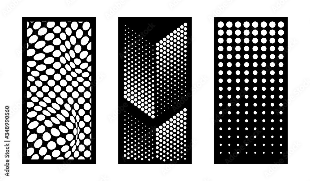Laser cutting modern dotted abstract decorative vector panels set. Privacy fence,room devider, indoor and outdoor panel, cnc decor, interior screen design element. Laser cutting templates.