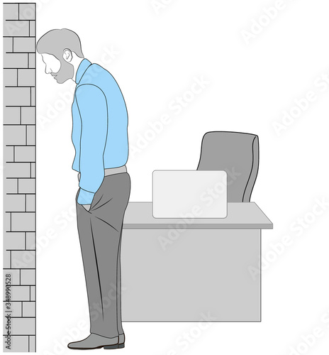 businessman rests his head against the wall. hopeless situation. difficulties at work. finding a solution to the problem. vector illustration.