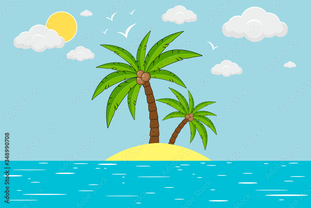 Palm trees with coconuts on island with clouds, sea and birds. Tropical landscape with palm trees