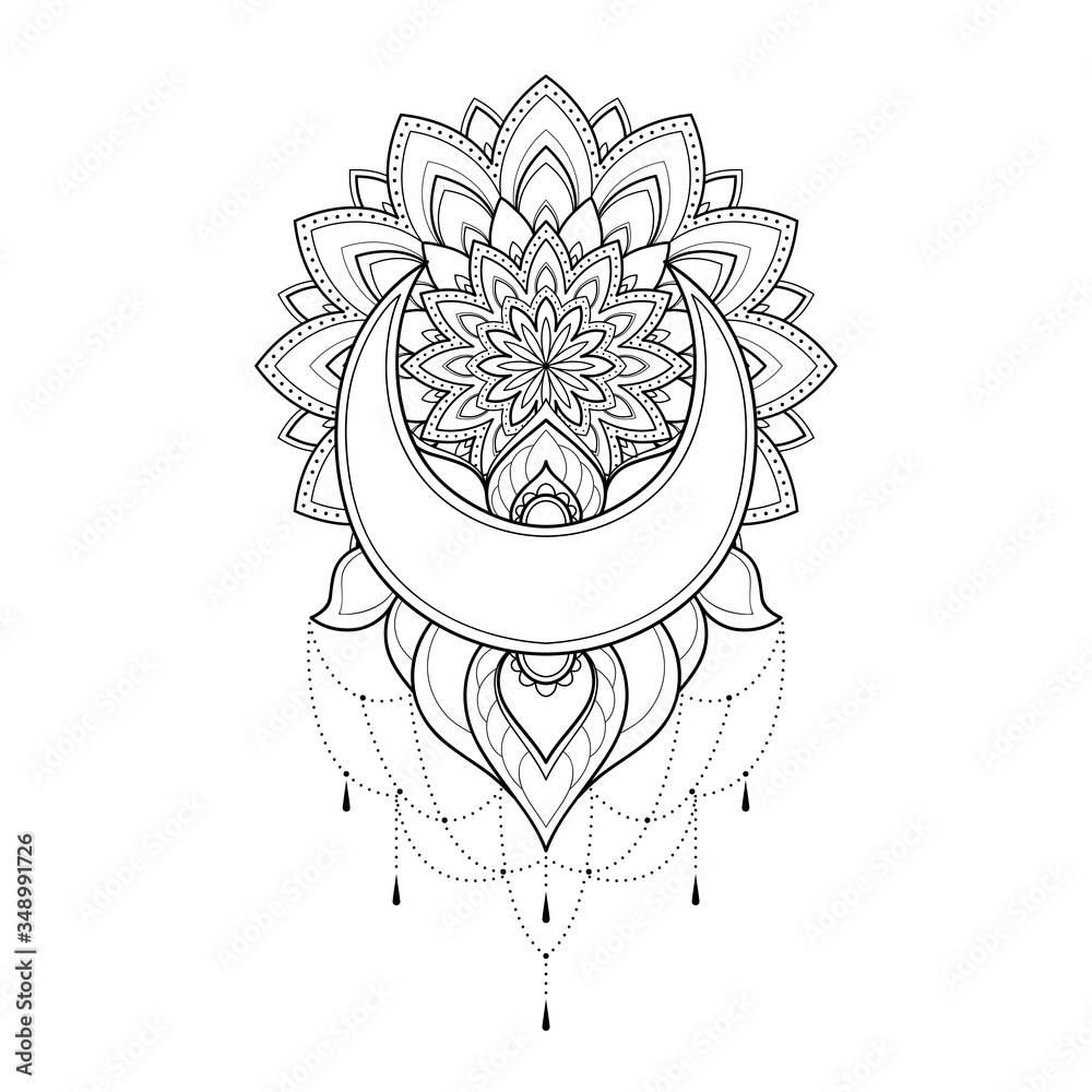 Ethnic mandala with moon and flowers for greeting card, invitation ...