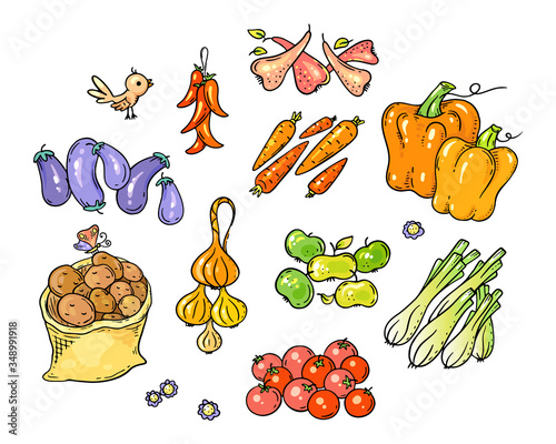 Set of colorful cartoon fruits and vegetables