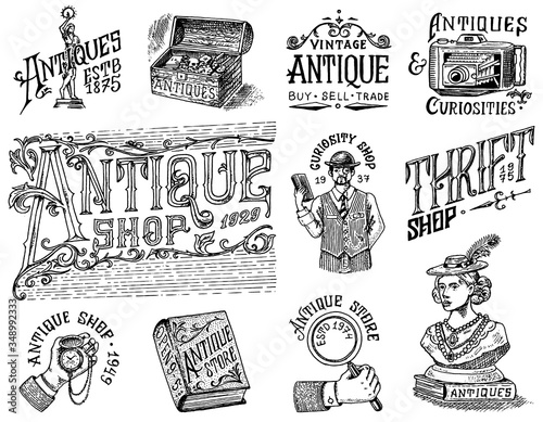 Antique shop labels or badges set. Collection of vintage victorian ancient logo for t-shirts, typography or signboards, banners. Frame and Sculpture. Old fashion. Hand drawn engraved monochrome sketch