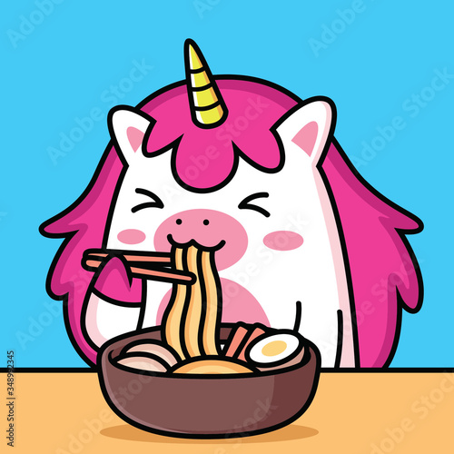 cute unicorn eating noodle