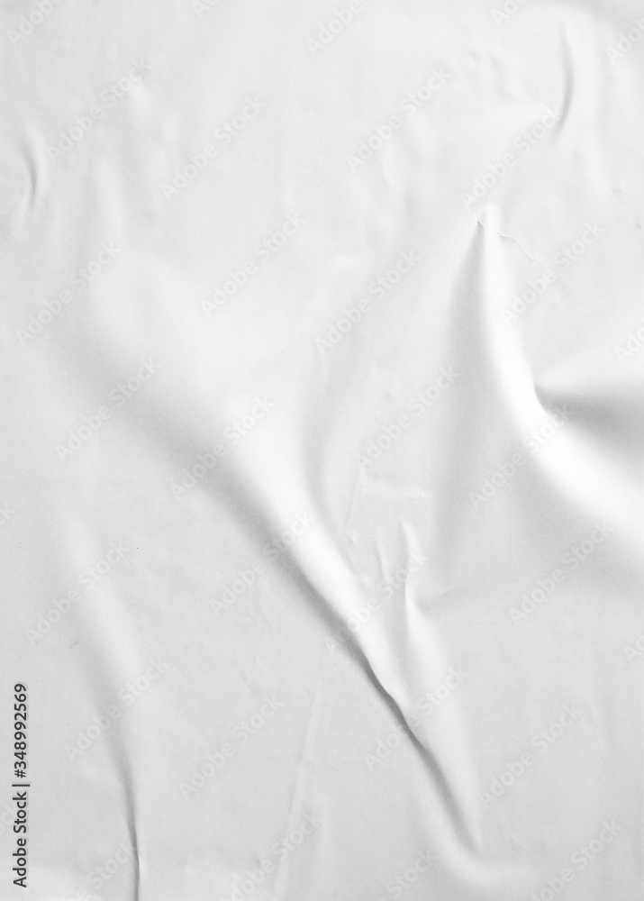 Obraz premium Glued paper for poster texture. Blank white crumpled and wrinkled paper template for background. Matted wet paper wrinkled for mockup posters