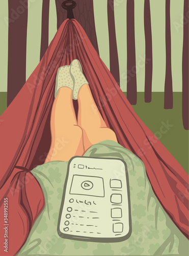 Relaxing in the hammock, nude womans feet close up, spring day on forest. Resting in hammock with tablet, watching movie. Flat cartoon Vector illustration. Calm Vacation concept