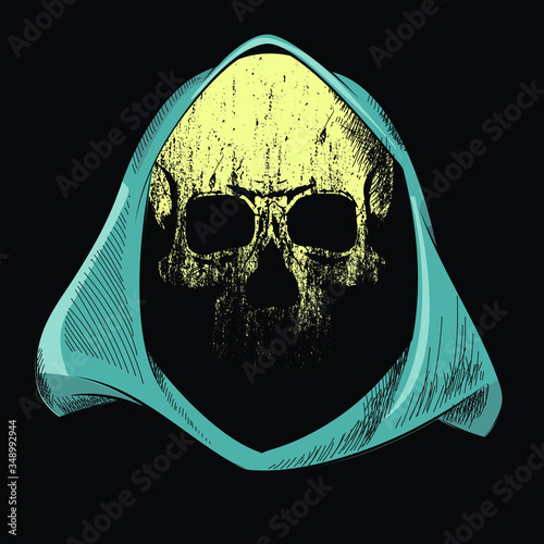 Character design with yellow skull under light blue hood isolated on black