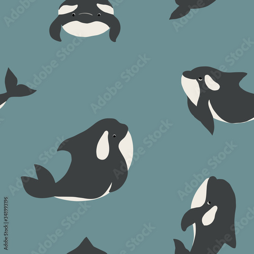 Cute flat killer whale seamless pattern. Adorable little cartoon orca vector illustration. Childish ornament for textile, fabric, print, wallpaper, wrap paper