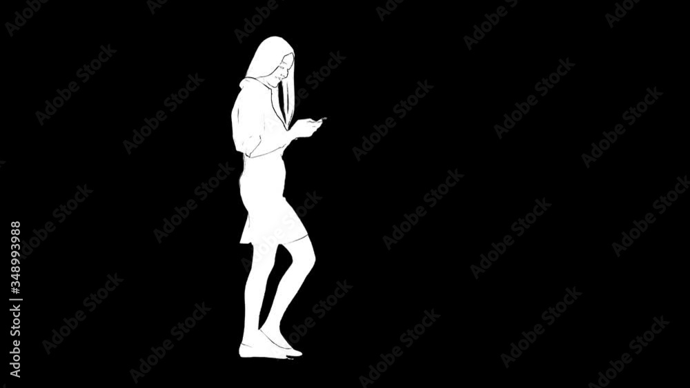 White outline sketch of slim girl with long hair walking and writes a message on her mobile phone isolated on black background White outline sketch of slim girl with long hair walking and writes a message on her mobile phone isolated on black background