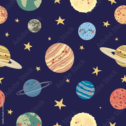Vector seamless pattern of the planets of the Solar System in flat style. Cartoon childish The Solar System. Cute, adorable the sun, earth, mercury, venus, saturn, neptune, mars, jupiter, uranus