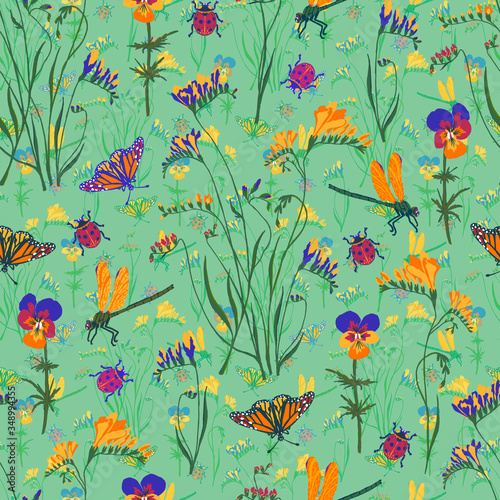 Wallpaper Mural Seamless summer pattern with butterflies, dragonflies and flowers Torontodigital.ca