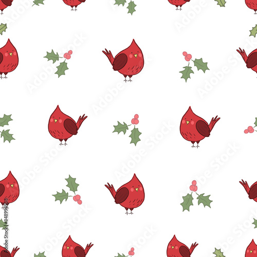Fototapeta Naklejka Na Ścianę i Meble -  Flat Seamless pattern with cute hand drawn red bird and christmas berries. Cartoon vector red cardinal illustration for childish decoration clothes, patterns, stickers, cards, fabric, textile
