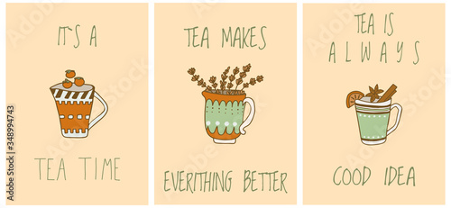 Vector collection of postcard in teatime subjects. Set of posters with tea cup, teapot and lettering. Perfect for greetings, cards, congratulations, warm wishes, tea shop or store