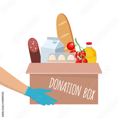 Food donation box vector with different food in it. Hands giving box. Delivery of the product during quarantine. Flat vector illustration isolated on white background.