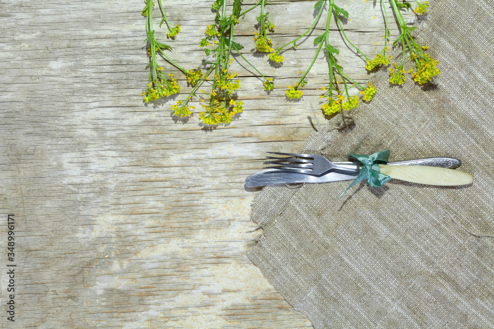 Obraz premium flatlay table setting on a wooden texture in the rustic style