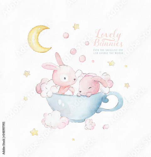 Little Bunny Takes Baths in a Cup. Cute watercolor cartoon hand drawn print can be used for t-shirt print, kids wear fashion design, baby shower invitation card.
