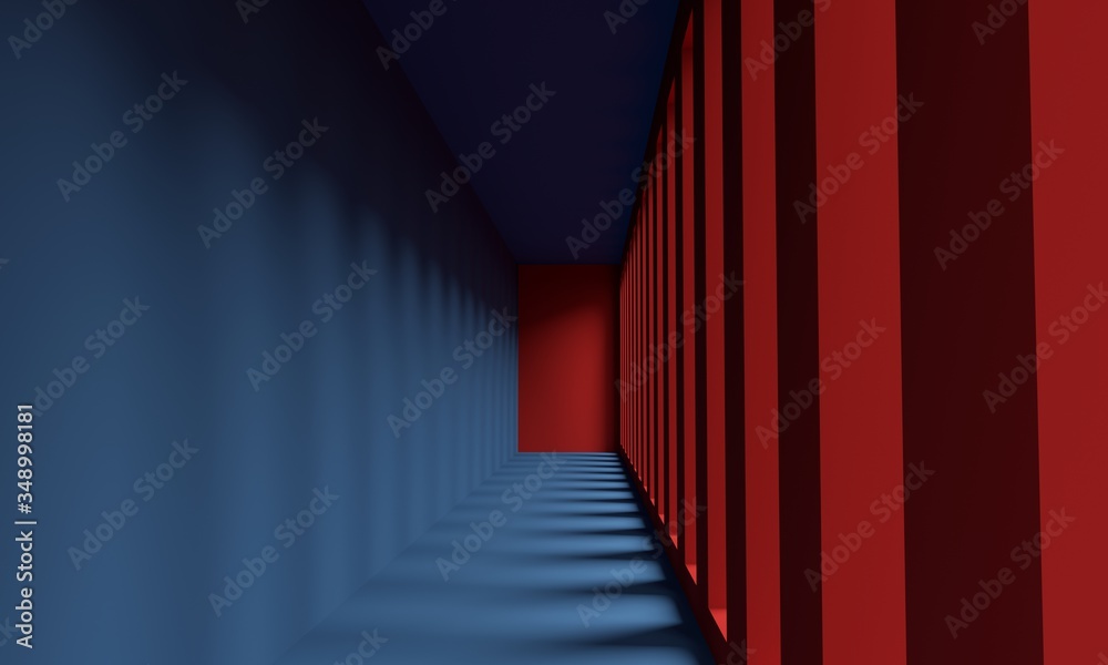 Blue corridor with light from red windows. Backdrop design for product promotion. 3d rendering Blue corridor with light from red windows. Backdrop design for product promotion. 3d rendering