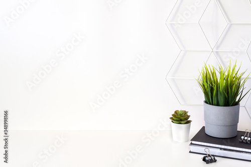 White desk with notebooks and green grass in a pot. Blank wall copy space.