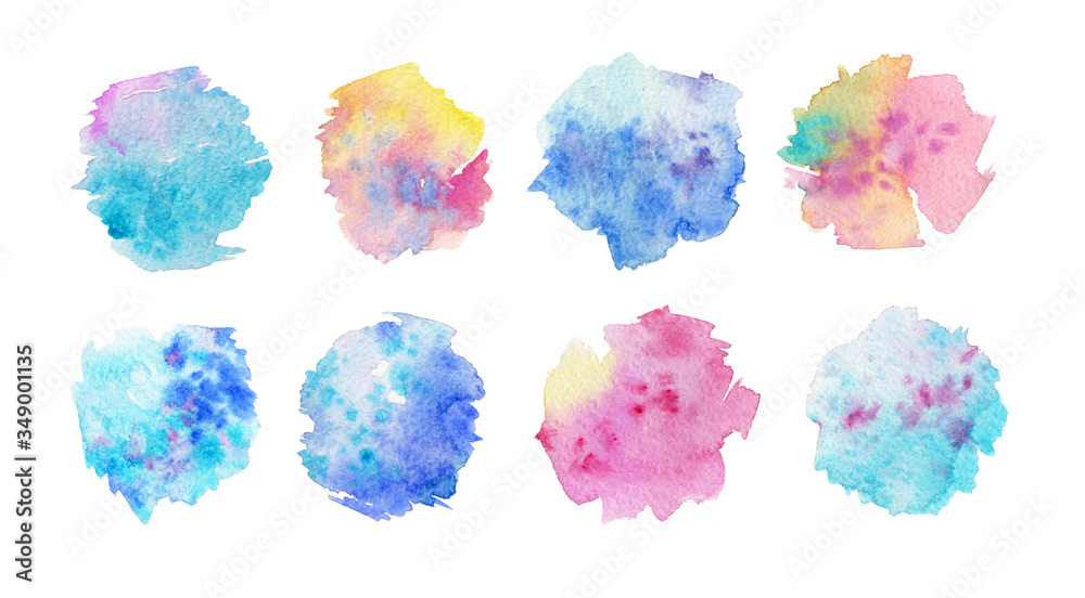 Turquoise and pink watercolor spots. Collection of abstract spots. Set of watercolor textures. Beautiful watercolor spots isolated on a white background. Abstract spots in pastel colors.
