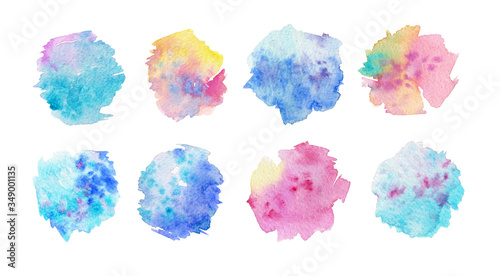Turquoise and pink watercolor spots. Collection of abstract spots. Set of watercolor textures. Beautiful watercolor spots isolated on a white background. Abstract spots in pastel colors.