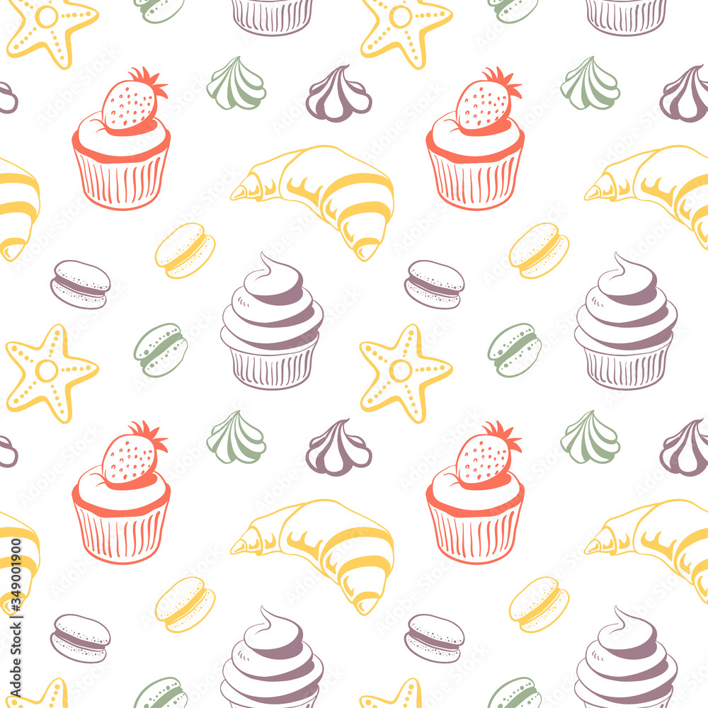 Seamless pattern with cupcakes, macaroons, croissant. Colorful set of desserts in sketchy style isolated on white background. Doodle hand drawn desserts and pastry. Vector illustration