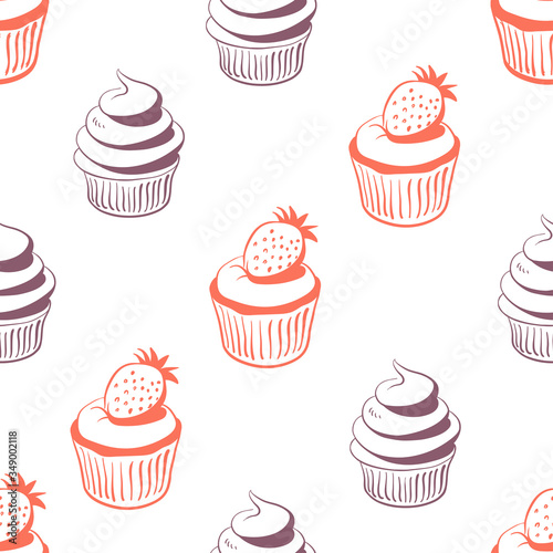 Seamless pattern with cupcakes. Colorful set of desserts in sketchy style isolated on white background. Doodle hand drawn desserts and pastry. Vector illustration