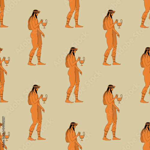 Seamless vintage pattern with silhouettes of ancient Greek god Dionysus holding cup of wine. Vase painting style.	