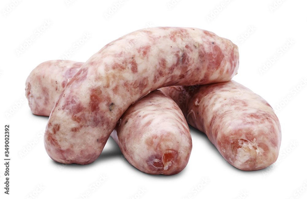 Group of raw homemade sausages, isolated on white background. Group of raw homemade sausages, isolated on white background.