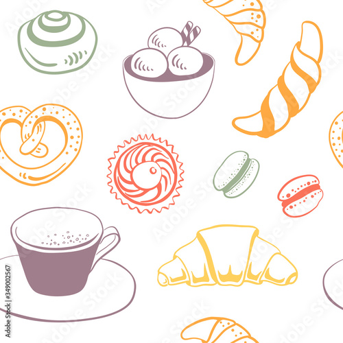 Seamless pattern with coffee, sweets, pastry. Colorful set of desserts in sketchy style isolated on white background. Doodle hand drawn desserts and pastry. Vector illustration
