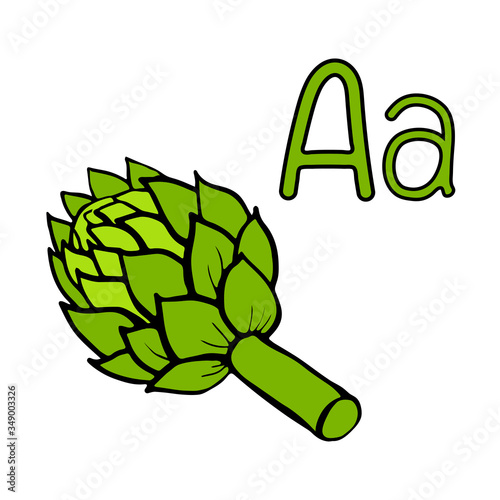 Learning letters letter A. Cartoon outline artichoke. Vector outline freehand drawing, sketch, vegetable, garden black lines, isolated white background, root vegetable. Visual material