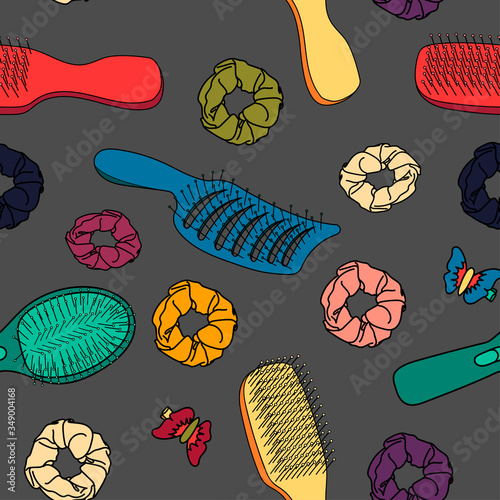 comb in the pattern. Rubber bands and hairpins bright colored for girls vector. Hair combs, gums and hair hair patterns. Caring for a bright pattern background