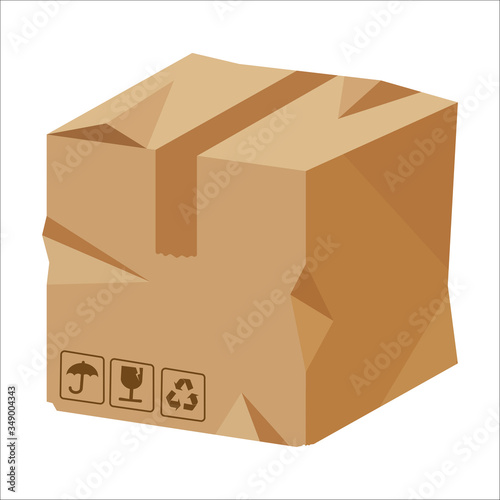 Damaged cardboard box. Crumpled bag, brown sealed for storage. Retail, logistics, delivery, storage concept. Vector