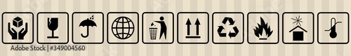 FRAGILE MARK label, box signs, shipping mark, package markings, stamp fragile label. FRAGILE set contain this way up icon, keep dry icon. Fragile box, cargo warning signs. illustration