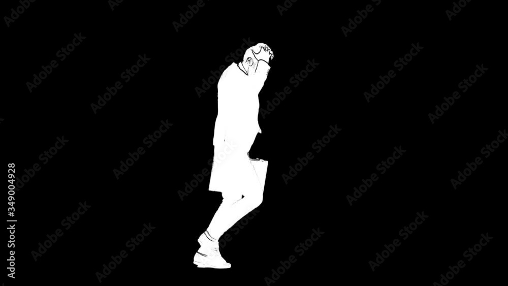 White outline sketch of man with beard in suit is running with the briefcase in hand isolated on black background White outline sketch of man with beard in suit is running with the briefcase in hand isolated on black background